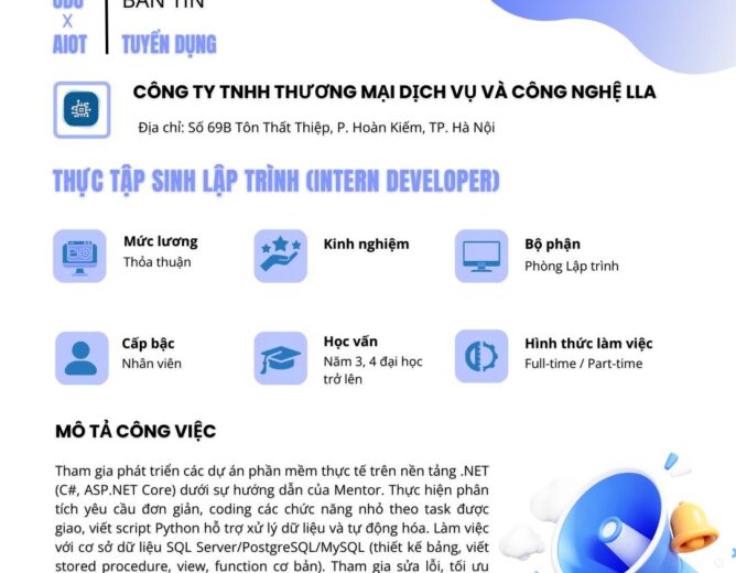 [UDU X AIOT – Tin tức tuyển dụng] LLA tuyển dụng Thực tập sinh Lập trình (Intern Developer)