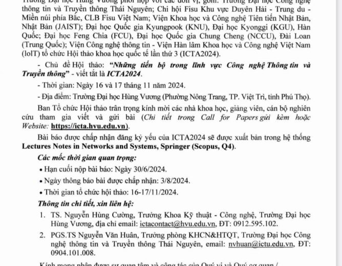 Thông báo mời viết bài cho Hội thảo Trang chủ NEW88 Đăng ký tài khoản mới quốc tế: “Những tiến bộ trong lĩnh vực công nghệ thông tin và truyền thông, ICTA2024”