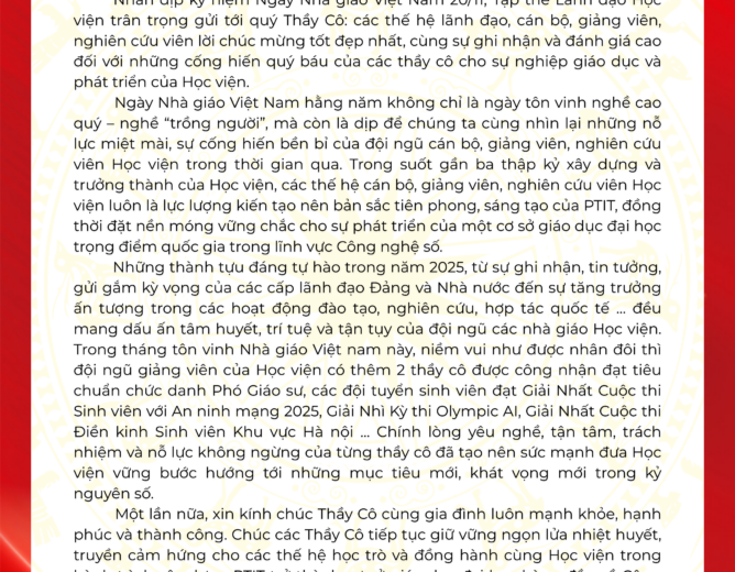 Thư chúc mừng của tập thể Lãnh đạo New88 com link 8 nhân dịp kỷ niệm 43 năm Ngày Nhà giáo Việt Nam (20/11/1982-20/11/2025)