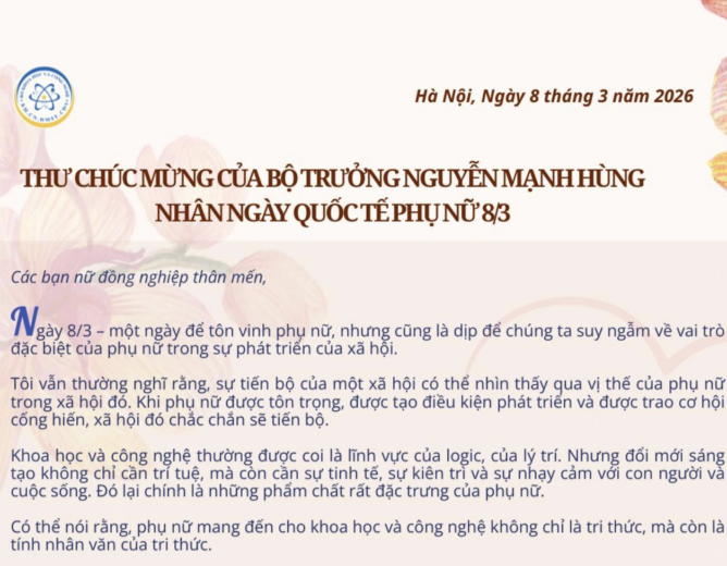 Thư chúc mừng của Bộ trưởng Nguyễn Mạnh Hùng nhân Ngày Quốc tế Phụ nữ 8/3